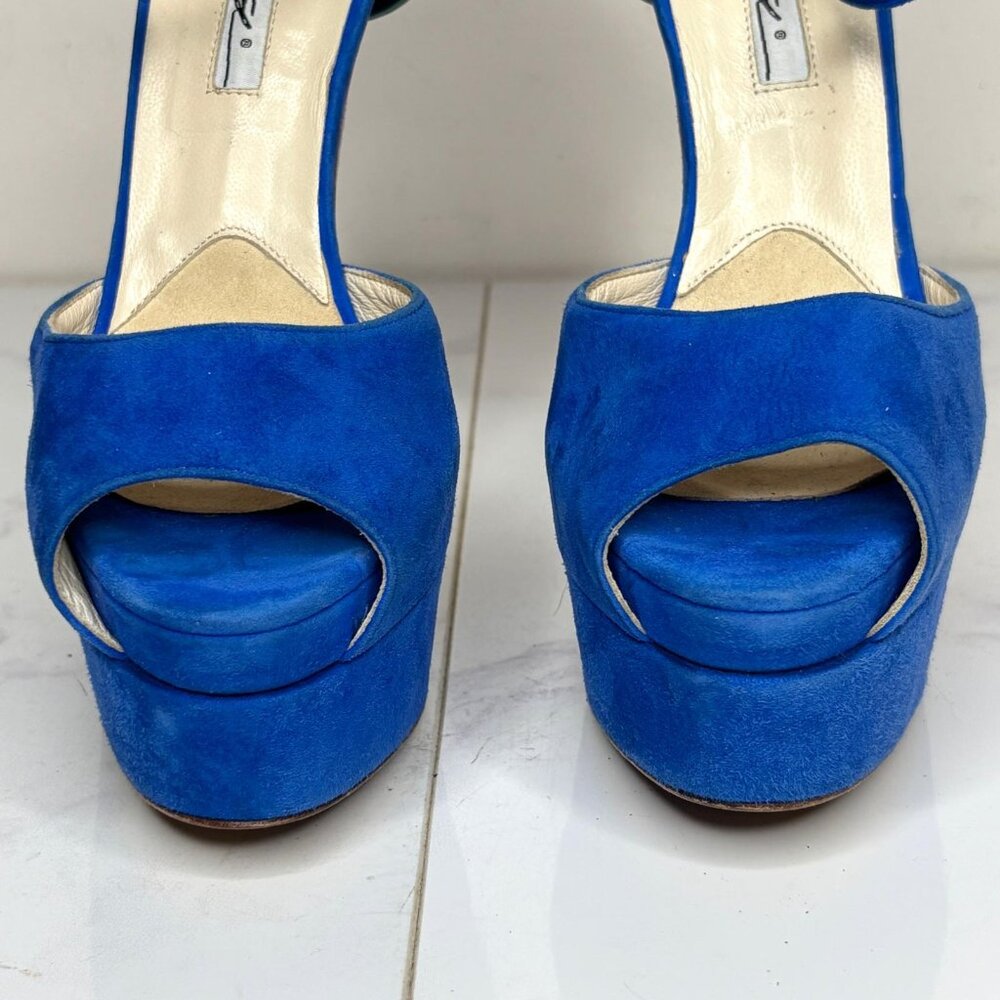 Brian Atwood TRIBECA Cuffed Blue Suede Platform Heels Multicolor Ankle Strap 37 - Picture 10 of 12